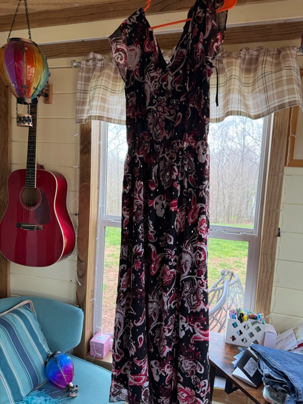 White House Black Market Black Paisley Maxi Dress with Pink Accents